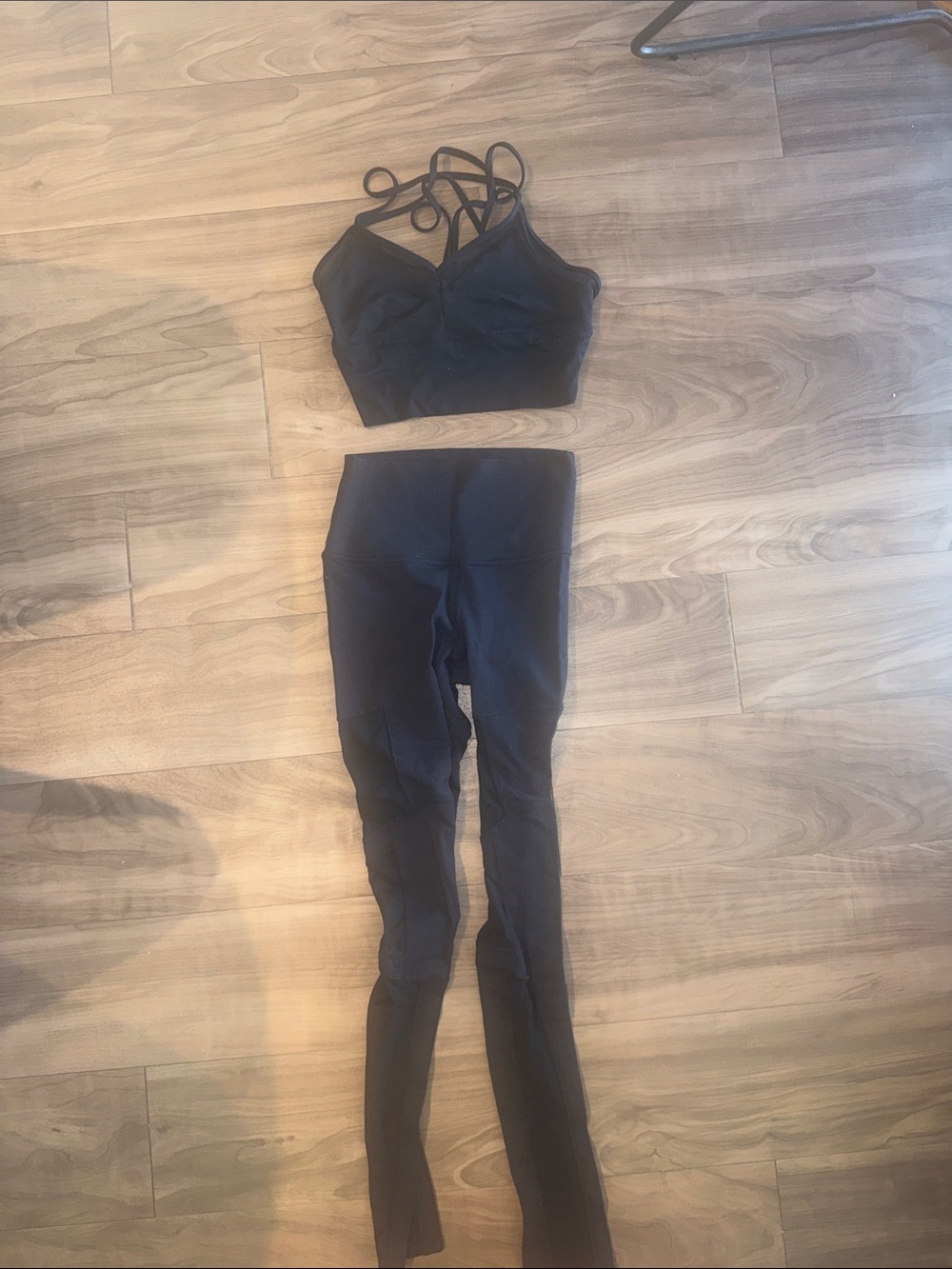 ALO high waisted leggings with mesh side, sports bra with mesh detail